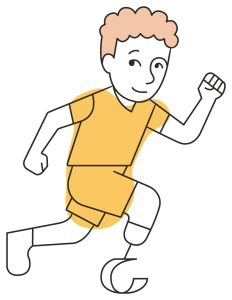A running boy in a yellow outfit. He has curly orange hair and wears a prosthetic running blade on his right leg