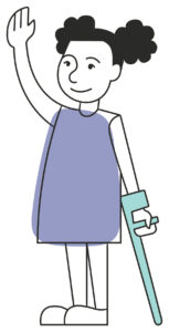 a waving girl in a purple dress. Her black hair is styled in two puff balls. She holds a light blue Loftstrand crutch in her left hand.